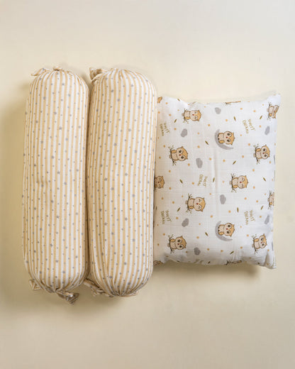 Twingle 100% Organic Muslin Sleepy Owls Baby Bedding Set-Pack of 5-Reversible Quilt, All-round Elastic Bedsheet, Pillow & Bolsters-White & Beige-For Infants