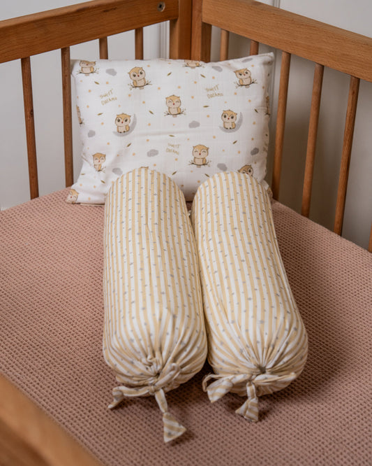 Twingle 100% Organic Muslin Sleepy Owls Baby Bedding Set-Pack of 5-Reversible Quilt, All-round Elastic Bedsheet, Pillow & Bolsters-Eco Certified Genesta baby safe Inks-White & Blue-For Infants