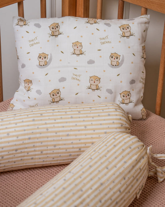 Twingle 100% Organic Muslin Sleepy Owls Baby Bedding Set-Pack of 5-Reversible Blanket, All-round Elastic Bedsheet, Pillow & Bolsters-Eco Certified Genesta baby safe Inks-White & Blue-For Infants