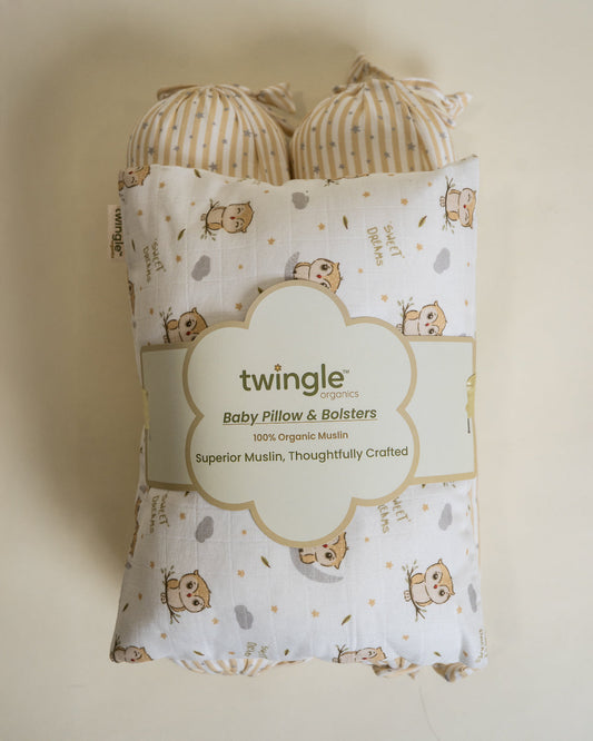 Twingle 100% Organic Muslin Sleepy Owls Baby Bedding Set-Pack of 5-Reversible Quilt, All-round Elastic Bedsheet, Pillow & Bolsters-Eco Certified Genesta baby safe Inks-White & Blue-For Infants