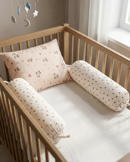 Twingle 100% Organic Muslin Baby Pillow & Bolsters-High Twist Yarn for Lasting Softness-Eco Certified Genesta Inks for Skin-Safe Prints-Mama Deer & Tiny Hearts Print-White & Pink-Pack of 3-For Infants