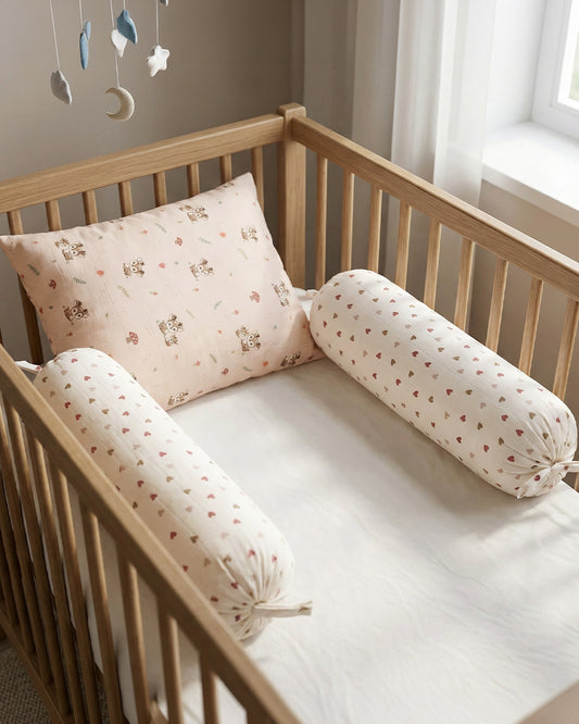 Twingle 100% Organic Muslin Baby Pillow & Bolsters-High Twist Yarn for Lasting Softness-Eco Certified Genesta Inks for Skin-Safe Prints-Mama Deer & Tiny Hearts Print-White & Pink-Pack of 3-For Infants