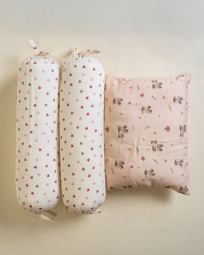 Twingle 100% Organic Muslin Mama Deer Baby Bedding Set-Pack of 5-Reversible Quilt, All-round Elastic Bedsheet, Pillow & Bolsters-Eco Certified Genesta baby safe Inks-White & Blue-For Infants