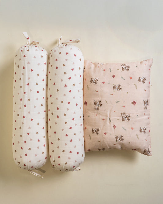 Twingle 100% Organic Muslin Baby Pillow & Bolsters-High Twist Yarn for Lasting Softness-Eco Certified Genesta Inks for Skin-Safe Prints-Mama Deer & Tiny Hearts Print-White & Pink-Pack of 3-For Infants