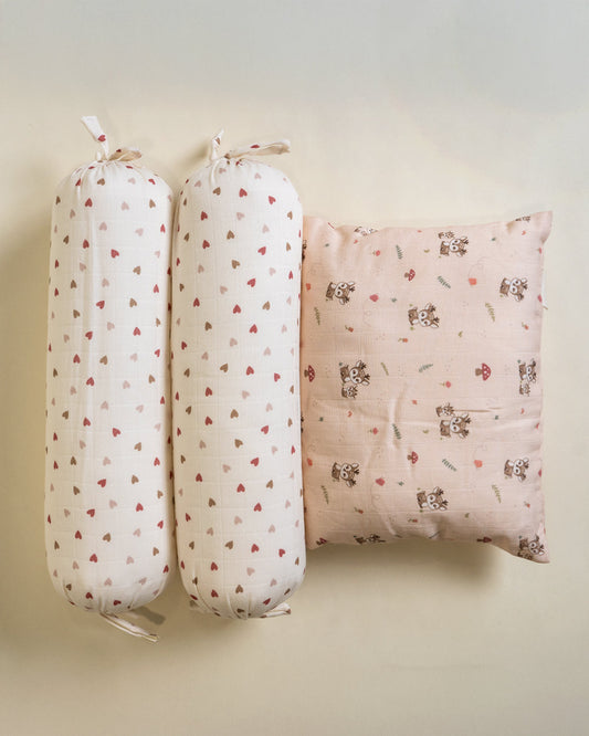 Twingle 100% Organic Muslin Mama Deer Baby Bedding Set-Pack of 5-Reversible Blanket, All-round Elastic Bedsheet, Pillow & Bolsters-Eco Certified Genesta baby safe Inks-White & Blue-For Infants