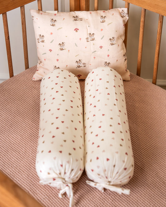 Twingle 100% Organic Muslin Baby Pillow & Bolsters-High Twist Yarn for Lasting Softness-Eco Certified Genesta Inks for Skin-Safe Prints-Mama Deer & Tiny Hearts Print-White & Pink-Pack of 3-For Infants