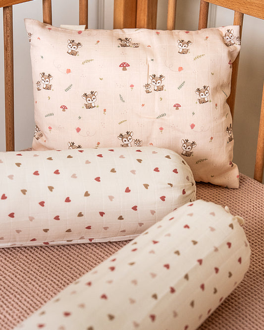Twingle 100% Organic Muslin Baby Pillow & Bolsters-High Twist Yarn for Lasting Softness-Eco Certified Genesta Inks for Skin-Safe Prints-Mama Deer & Tiny Hearts Print-White & Pink-Pack of 3-For Infants