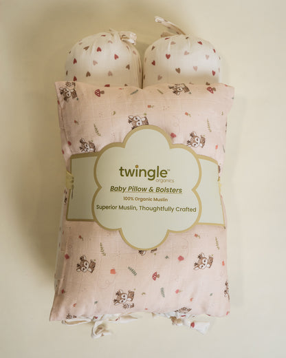 Twingle 100% Organic Muslin Baby Pillow & Bolsters-High Twist Yarn for Lasting Softness-Eco Certified Genesta Inks for Skin-Safe Prints-Mama Deer & Tiny Hearts Print-White & Pink-Pack of 3-For Infants