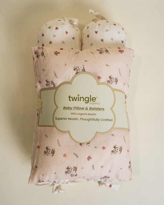 Twingle 100% Organic Muslin Baby Pillow & Bolsters-High Twist Yarn for Lasting Softness-Eco Certified Genesta Inks for Skin-Safe Prints-Mama Deer & Tiny Hearts Print-White & Pink-Pack of 3-For Infants