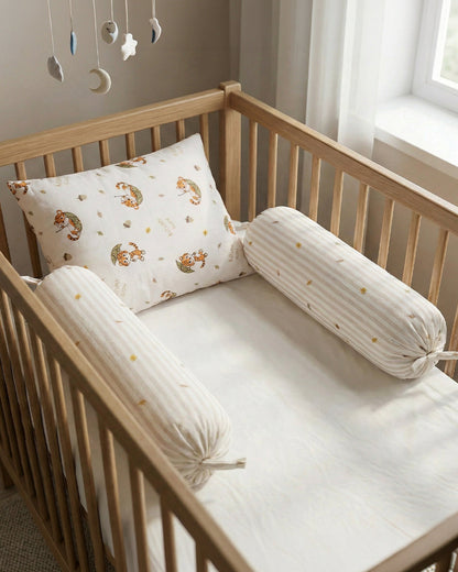 Twingle 100% Organic Muslin Cozy Roars Baby Bedding Set-Pack of 5-Reversible Quilt, All-round Elastic Bedsheet, Pillow & Bolsters-White & Grey-For Infants