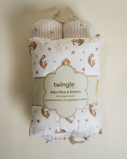 Twingle 100% Organic Muslin Cozy Roars Baby Bedding Set-Pack of 5-Reversible Quilt, All-round Elastic Bedsheet, Pillow & Bolsters-White & Grey-For Infants