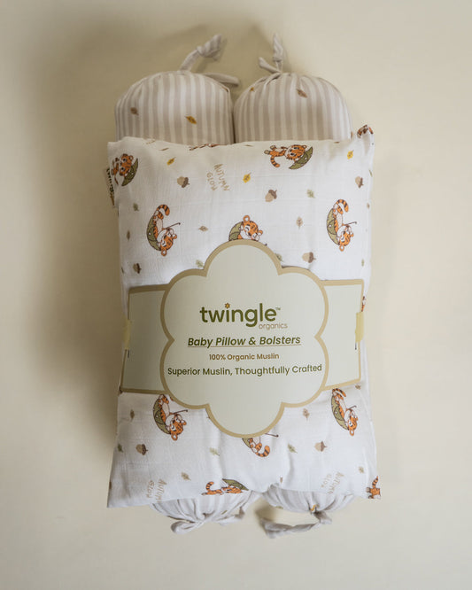 Twingle 100% Organic Muslin Cozy Roars Baby Bedding Set-Pack of 5-Reversible Blanket, All-round Elastic Bedsheet, Pillow & Bolsters-Eco Certified Genesta baby safe Inks-White & Blue-For Infants