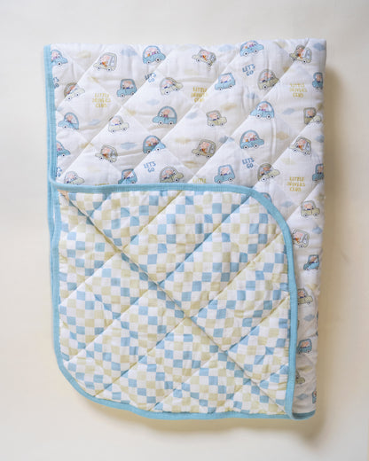 Twingle 100% Organic Muslin Reversible Baby Quilt-High Twist Yarn for Lasting Softness-Eco Certified Genesta Inks for Skin-Safe Prints-Little Drivers & Checkered Chaos Print-White & Blue-For Infants