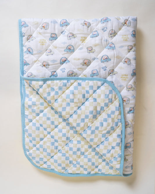 Twingle 100% Organic Muslin Reversible Baby Quilt-High Twist Yarn for Lasting Softness-Eco Certified Genesta Inks for Skin-Safe Prints-Little Drivers & Checkered Chaos Print-White & Blue-For Infants