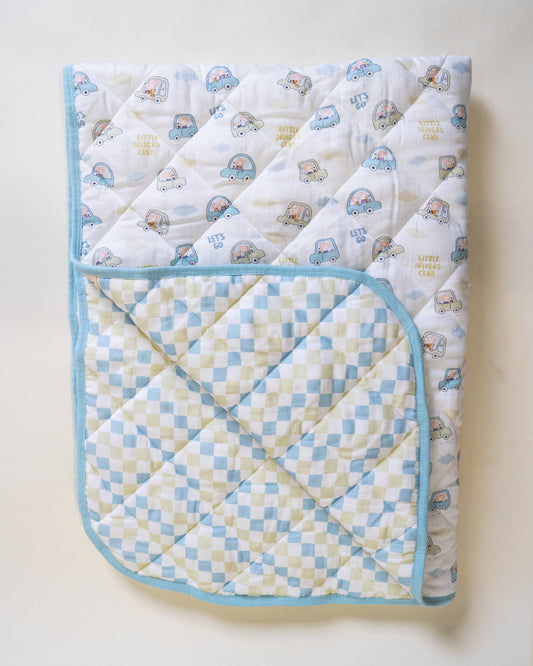 Twingle 100% Organic Muslin Little Drivers Baby Bedding Set-Pack of 5-Reversible Quilt, All-round Elastic Bedsheet, Pillow & Bolsters-Eco Certified Genesta baby safe Inks-White & Blue-For Infants