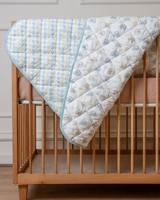 Twingle 100% Organic Muslin Little Drivers Baby Bedding Set-Pack of 5-Reversible Quilt, All-round Elastic Bedsheet, Pillow & Bolsters-Eco Certified Genesta baby safe Inks-White & Blue-For Infants