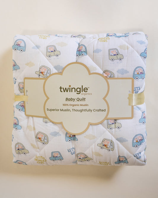 Twingle 100% Organic Muslin Reversible Baby Quilt-High Twist Yarn for Lasting Softness-Eco Certified Genesta Inks for Skin-Safe Prints-Little Drivers & Checkered Chaos Print-White & Blue-For Infants