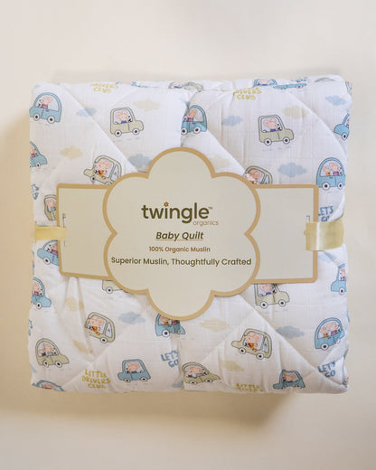 Twingle 100% Organic Muslin Little Drivers Baby Bedding Set-Pack of 5-Reversible Quilt, All-round Elastic Bedsheet, Pillow & Bolsters-White & Blue-For Infants