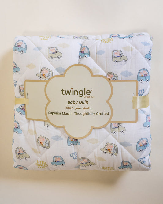 Twingle 100% Organic Muslin Little Drivers Baby Bedding Set-Pack of 5-Reversible Quilt, All-round Elastic Bedsheet, Pillow & Bolsters-Eco Certified Genesta baby safe Inks-White & Blue-For Infants