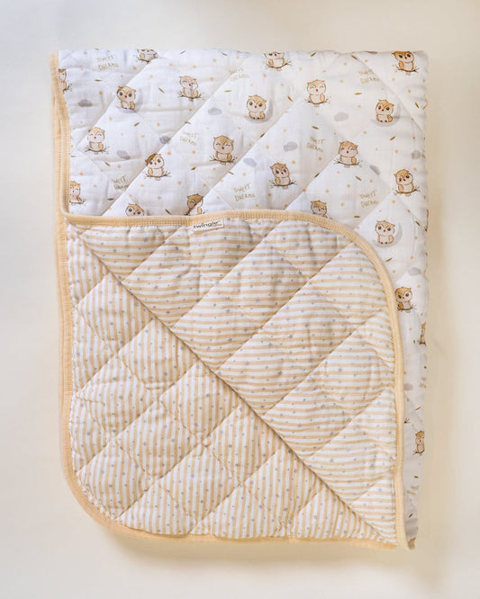 Twingle 100% Organic Muslin Sleepy Owls Baby Bedding Set-Pack of 5-Reversible Quilt, All-round Elastic Bedsheet, Pillow & Bolsters-Eco Certified Genesta baby safe Inks-White & Blue-For Infants