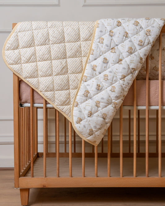 Twingle 100% Organic Muslin Reversible Baby Quilt-High Twist Yarn for Lasting Softness-Eco Certified Genesta Inks for Skin-Safe Prints-Sleepy Owls & Starlight Print-White & Beige-For Infants