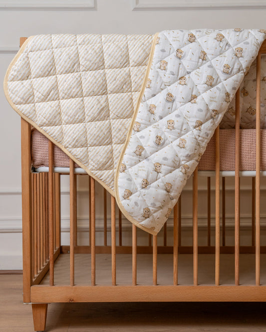 Twingle 100% Organic Muslin Sleepy Owls Baby Bedding Set-Pack of 5-Reversible Quilt, All-round Elastic Bedsheet, Pillow & Bolsters-Eco Certified Genesta baby safe Inks-White & Blue-For Infants