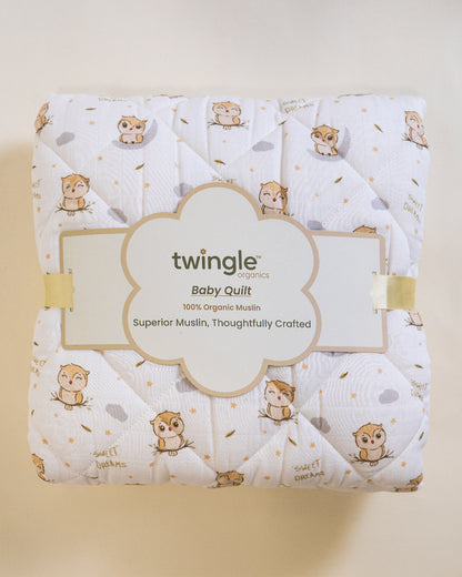 Twingle 100% Organic Muslin Reversible Baby Quilt-High Twist Yarn for Lasting Softness-Eco Certified Genesta Inks for Skin-Safe Prints-Sleepy Owls & Starlight Print-White & Beige-For Infants