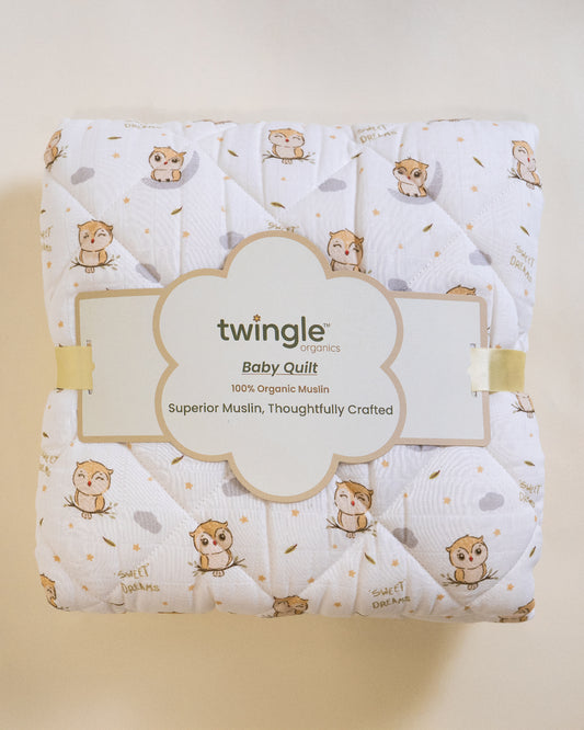 Twingle 100% Organic Muslin Reversible Baby Quilt-High Twist Yarn for Lasting Softness-Eco Certified Genesta Inks for Skin-Safe Prints-Sleepy Owls & Starlight Print-White & Beige-For Infants