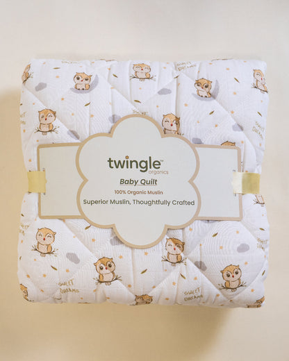 Twingle 100% Organic Muslin Sleepy Owls Baby Bedding Set-Pack of 5-Reversible Quilt, All-round Elastic Bedsheet, Pillow & Bolsters-White & Beige-For Infants
