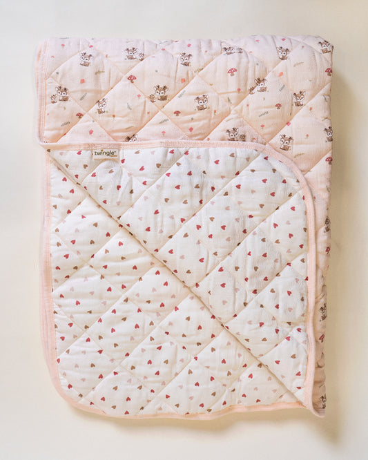 Twingle 100% Organic Muslin Reversible Baby Quilt-High Twist Yarn for Lasting Softness-Eco Certified Genesta Inks for Skin-Safe Prints-Mama Deer & Tiny Hearts Print-White & Pink-For Infants