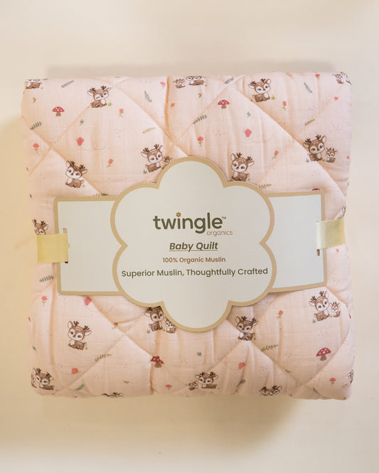 Twingle 100% Organic Muslin Reversible Baby Quilt-High Twist Yarn for Lasting Softness-Eco Certified Genesta Inks for Skin-Safe Prints-Mama Deer & Tiny Hearts Print-White & Pink-For Infants