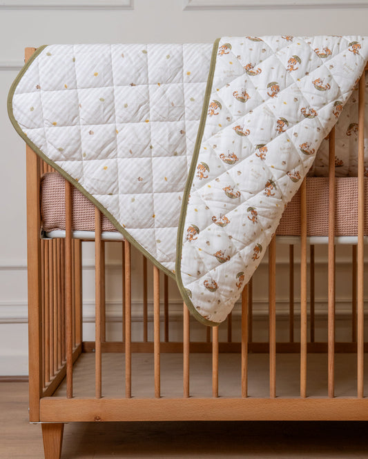 Twingle 100% Organic Muslin Cozy Roars Baby Bedding Set-Pack of 5-Reversible Quilt, All-round Elastic Bedsheet, Pillow & Bolsters-Eco Certified Genesta baby safe Inks-White & Blue-For Infants