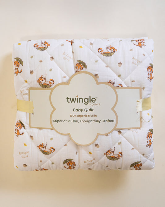 Twingle 100% Organic Muslin Reversible Baby Quilt-High Twist Yarn for Lasting Softness-Eco Certified Genesta Inks for Skin-Safe Prints-Cozy Roars & Autumn Vibes Print-White & Grey-For Infants