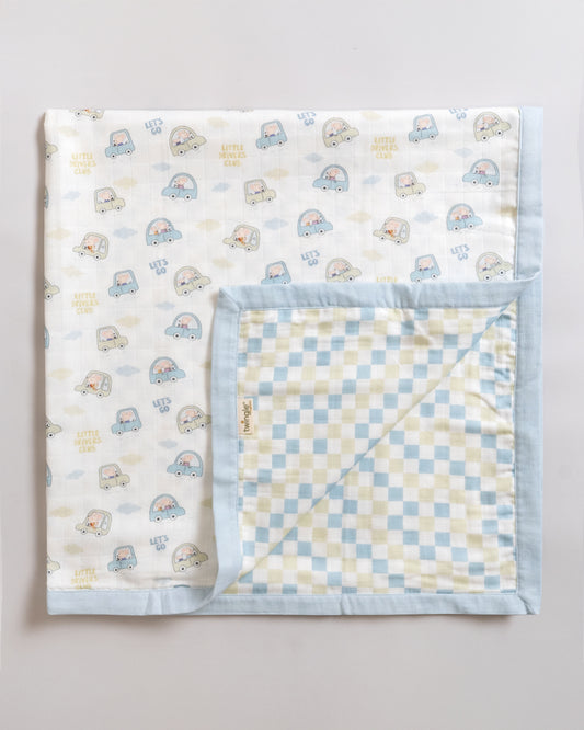 Twingle 100% Organic Muslin Reversible Baby Blanket-4-Layer Plush Weave Muslin-Naturally Temperature Regulating-Little Drivers & Checkered Chaos Print-White & Blue-For Infants