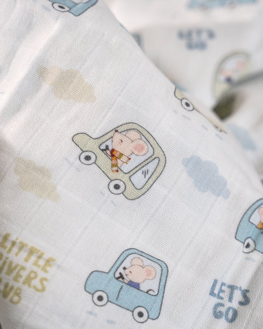 Twingle 100% Organic Muslin Little Drivers Baby Bedding Set-Pack of 5-Reversible Blanket, All-round Elastic Bedsheet, Pillow & Bolsters-Eco Certified Genesta baby safe Inks-White & Blue-For Infants