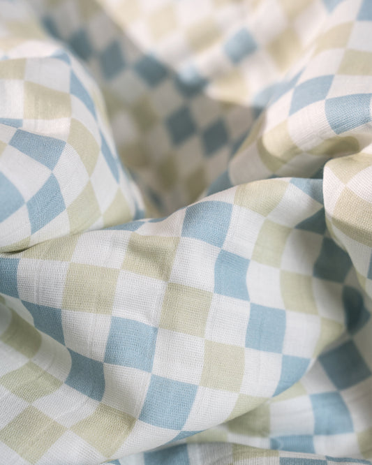 Twingle 100% Organic Muslin Reversible Baby Blanket-4-Layer Plush Weave Muslin-Naturally Temperature Regulating-Little Drivers & Checkered Chaos Print-White & Blue-For Infants