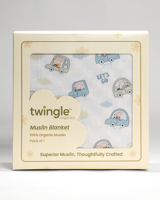 Twingle 100% Organic Muslin Little Drivers Baby Bedding Set-Pack of 5-Reversible Blanket, All-round Elastic Bedsheet, Pillow & Bolsters-Eco Certified Genesta baby safe Inks-White & Blue-For Infants