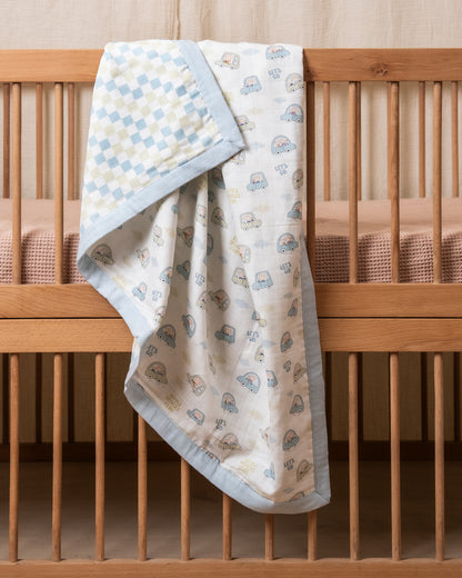 Twingle 100% Organic Muslin Reversible Baby Blanket-4-Layer Plush Weave Muslin-Naturally Temperature Regulating-Little Drivers & Checkered Chaos Print-White & Blue-For Infants