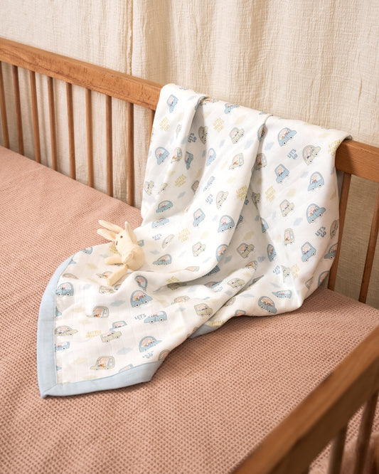 Twingle 100% Organic Muslin Reversible Baby Blanket-4-Layer Plush Weave Muslin-Naturally Temperature Regulating-Little Drivers & Checkered Chaos Print-White & Blue-For Infants