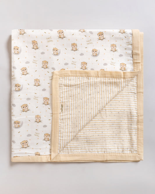 Twingle 100% Organic Muslin Reversible Baby Blanket-4-Layer Plush Weave Muslin-Naturally Temperature Regulating-Sleepy Owls & Starlight Print-White & Beige-For Infants