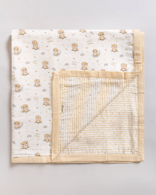 Twingle 100% Organic Muslin Swaddle & Blanket Set-Sleepy Owls-Generously Sized Swaddles & 4-Layer Muslin Blanket-All-Season Comfort-White & Beige-For Infants