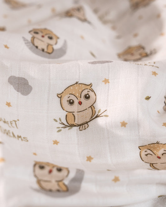 Twingle 100% Organic Muslin Reversible Baby Blanket-4-Layer Plush Weave Muslin-Naturally Temperature Regulating-Sleepy Owls & Starlight Print-White & Beige-For Infants