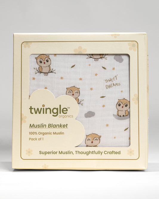 Twingle 100% Organic Muslin Reversible Baby Blanket-4-Layer Plush Weave Muslin-Naturally Temperature Regulating-Sleepy Owls & Starlight Print-White & Beige-For Infants