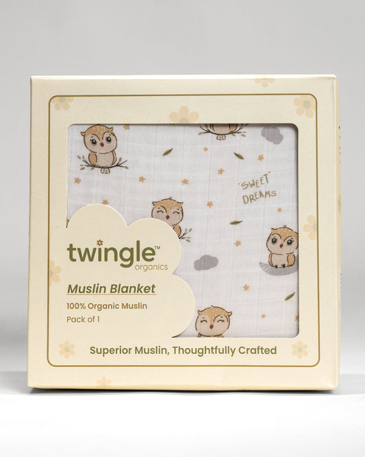 Twingle 100% Organic Muslin Swaddle & Blanket Set-Sleepy Owls-Generously Sized Swaddles & 4-Layer Muslin Blanket-All-Season Comfort-White & Beige-For Infants