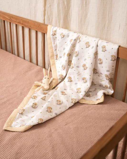 Twingle 100% Organic Muslin Sleepy Owls Baby Bedding Set-Pack of 5-Reversible Blanket, All-round Elastic Bedsheet, Pillow & Bolsters-Eco Certified Genesta baby safe Inks-White & Blue-For Infants