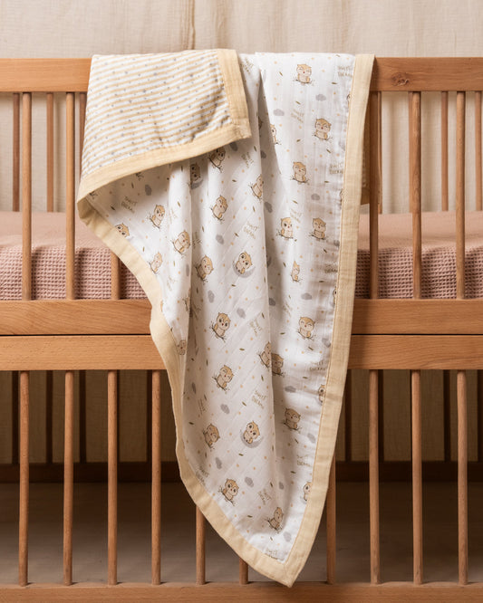 Twingle 100% Organic Muslin Sleepy Owls Baby Bedding Set-Pack of 5-Reversible Blanket, All-round Elastic Bedsheet, Pillow & Bolsters-Eco Certified Genesta baby safe Inks-White & Blue-For Infants