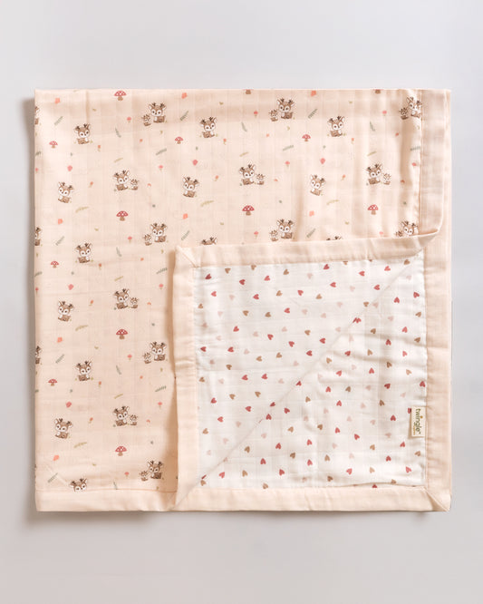 Twingle 100% Organic Muslin Reversible Baby Blanket-4-Layer Plush Weave Muslin-Naturally Temperature Regulating-Mama Deer & Tiny Hearts Print-White & Pink-For Infants