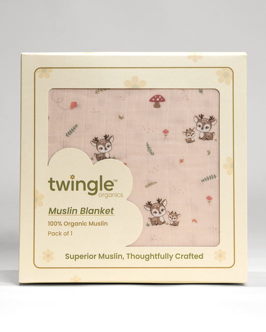 Twingle 100% Organic Muslin Reversible Baby Blanket-4-Layer Plush Weave Muslin-Naturally Temperature Regulating-Mama Deer & Tiny Hearts Print-White & Pink-For Infants