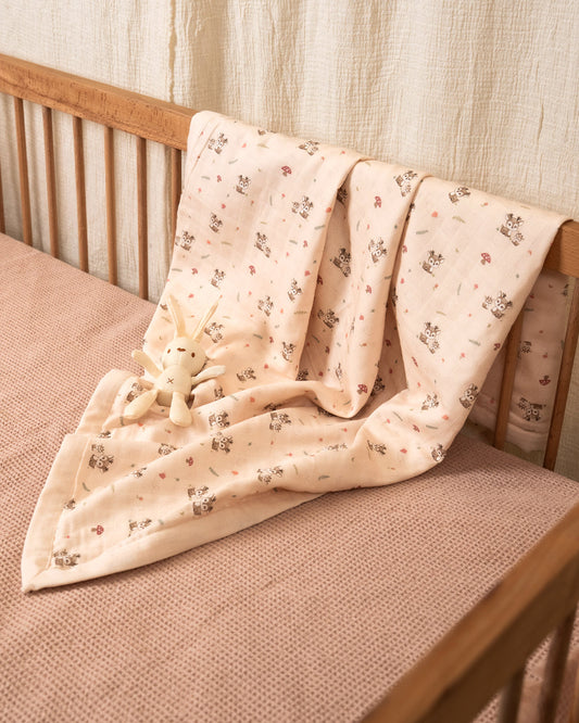 Twingle 100% Organic Muslin Mama Deer Baby Bedding Set-Pack of 5-Reversible Blanket, All-round Elastic Bedsheet, Pillow & Bolsters-Eco Certified Genesta baby safe Inks-White & Blue-For Infants