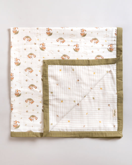 Twingle 100% Organic Muslin Reversible Baby Blanket-4-Layer Plush Weave Muslin-Naturally Temperature Regulating-Cozy Roars & Autumn Vibes Print-White & Grey-For Infants